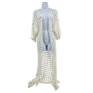 Crochet Open Knit Long Cardigan Kimono Women One Size White Boho Coastal Italy